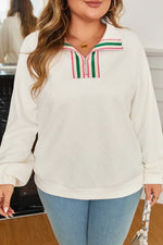 Beige Plus Size Rhombus Texture Contrast Striped Collar Baggy Sweatshirt - MarkoFit