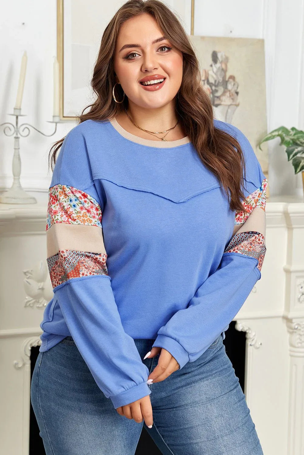 Blue Exposed Seam Floral Mixed Patchwork Relaxed Plus Size Sweatshirt - MarkoFit