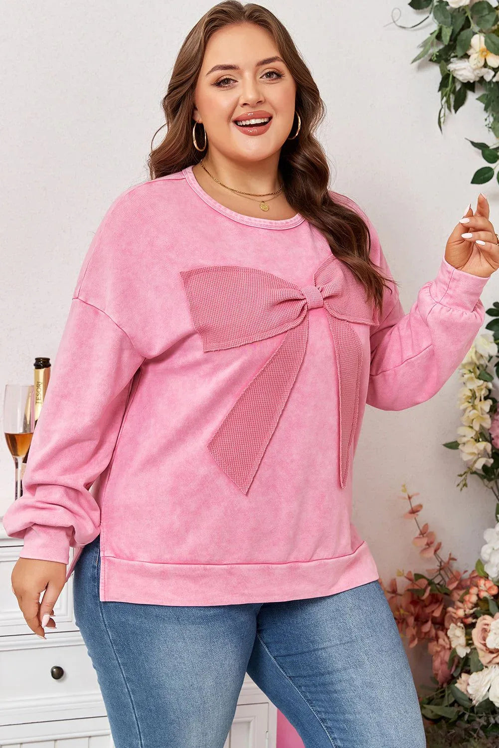 Bonbon Waffle Bowknot Patchwork Graphic Mineral Wash Plus Size Sweatshirt - MarkoFit