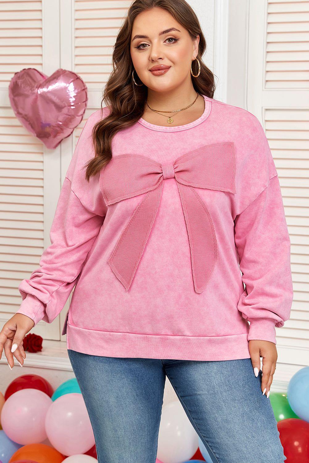 Bonbon Waffle Bowknot Patchwork Graphic Mineral Wash Plus Size Sweatshirt - MarkoFit