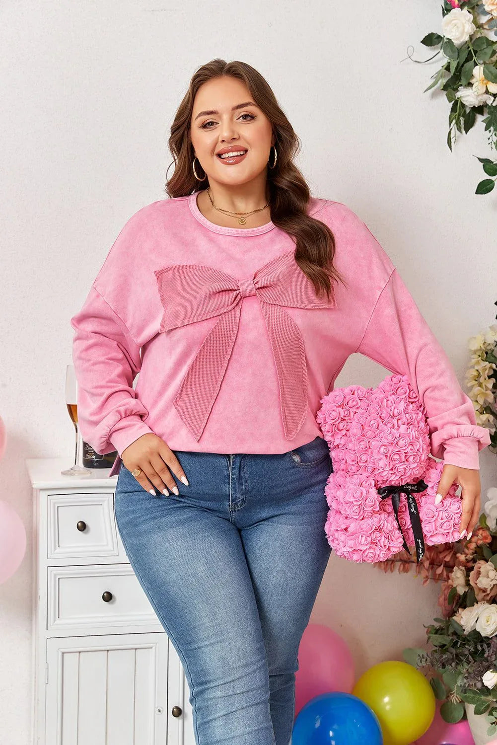Bonbon Waffle Bowknot Patchwork Graphic Mineral Wash Plus Size Sweatshirt - MarkoFit