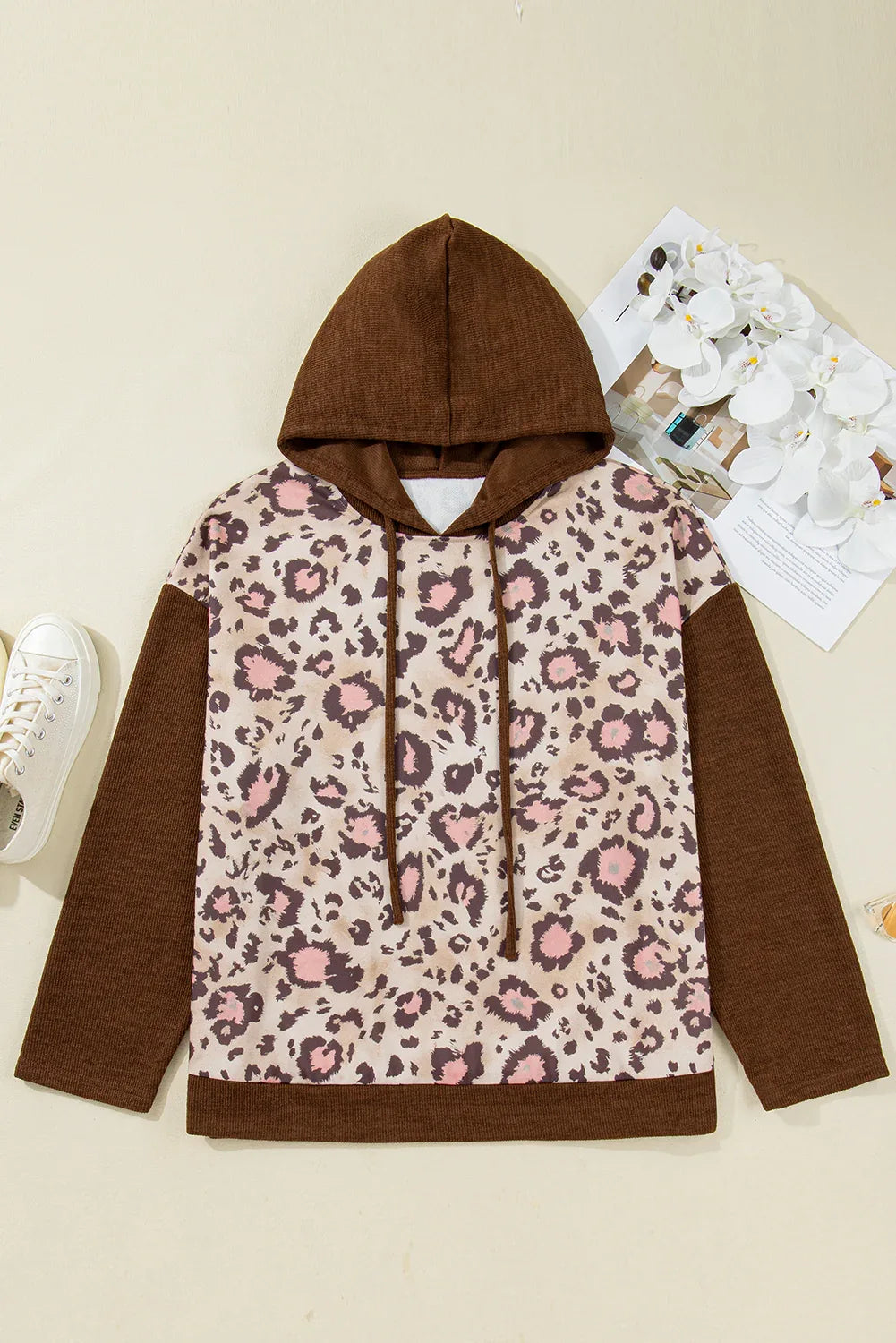 Brown Leopard Print Knit Patchwork Plus Hoodie - MarkoFit