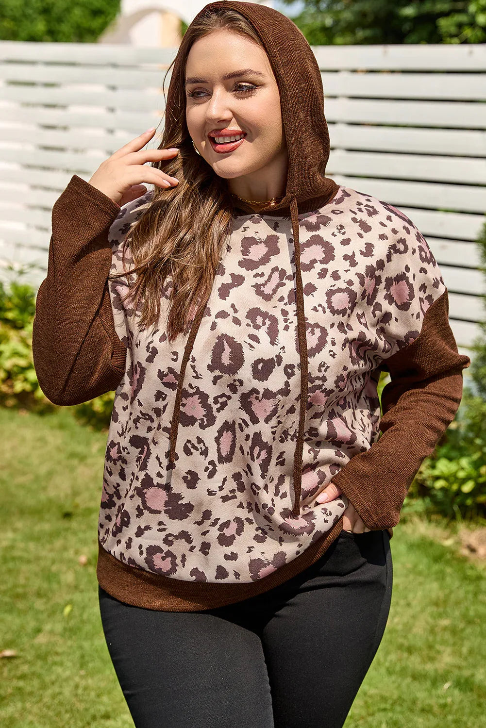 Brown Leopard Print Knit Patchwork Plus Hoodie - MarkoFit