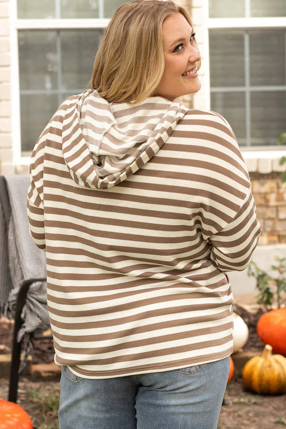 Brown Stripe Quarter Buttons Drop Sleeve Plus Size Hoodie - MarkoFit