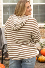 Brown Stripe Quarter Buttons Drop Sleeve Plus Size Hoodie - MarkoFit