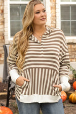Brown Stripe Quarter Buttons Drop Sleeve Plus Size Hoodie - MarkoFit