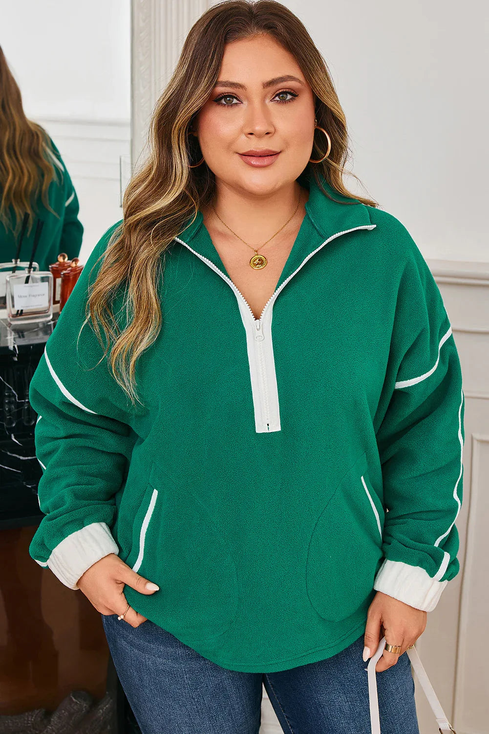 Dark Green Half Zip Contrast Trim Pocketed Plus Size Fleece Sweatshirt - MarkoFit