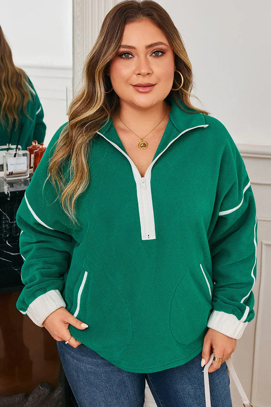 Dark Green Half Zip Contrast Trim Pocketed Plus Size Fleece Sweatshirt - MarkoFit