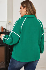 Dark Green Half Zip Contrast Trim Pocketed Plus Size Fleece Sweatshirt - MarkoFit