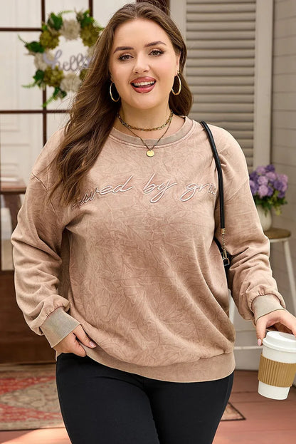 DUNE saved by grace Embroidered Mineral Wash Plus Size Sweatshirt - MarkoFit