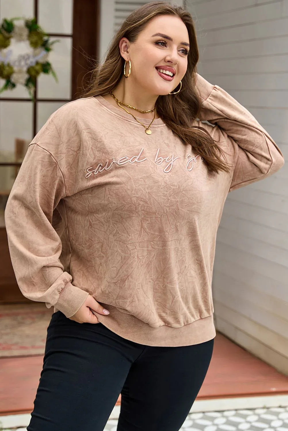 DUNE saved by grace Embroidered Mineral Wash Plus Size Sweatshirt - MarkoFit
