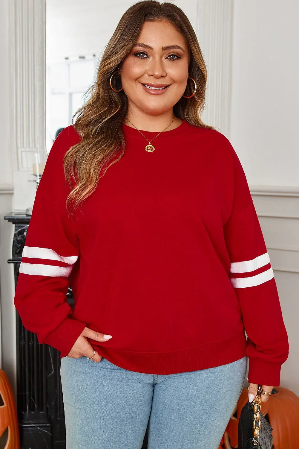 Fiery Red Varsity Striped Detail Crew Neck Plus Sweatshirt - MarkoFit