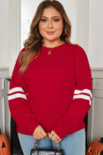Fiery Red Varsity Striped Detail Crew Neck Plus Sweatshirt - MarkoFit