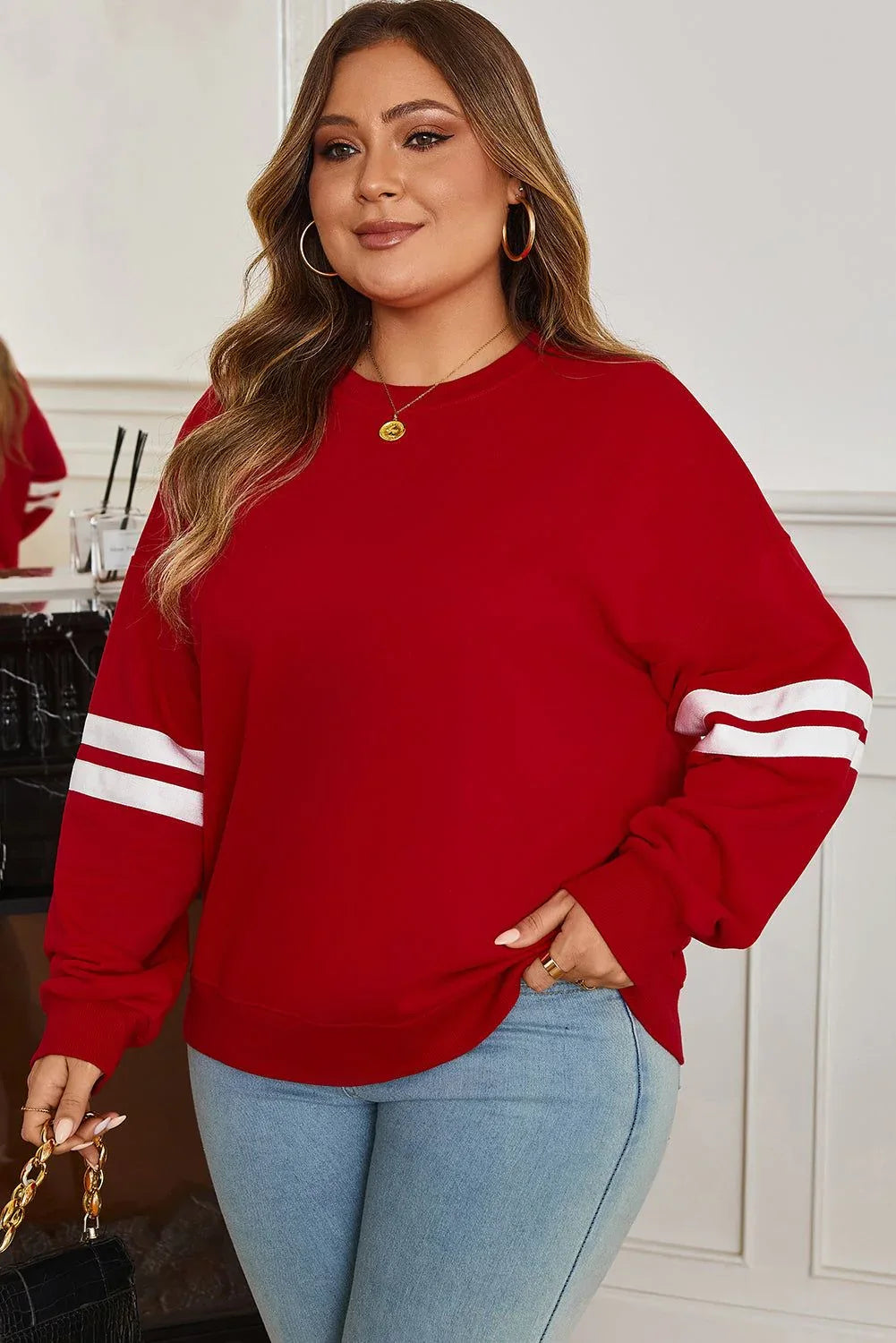 Fiery Red Varsity Striped Detail Crew Neck Plus Sweatshirt - MarkoFit