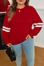 Fiery Red Varsity Striped Detail Crew Neck Plus Sweatshirt - MarkoFit