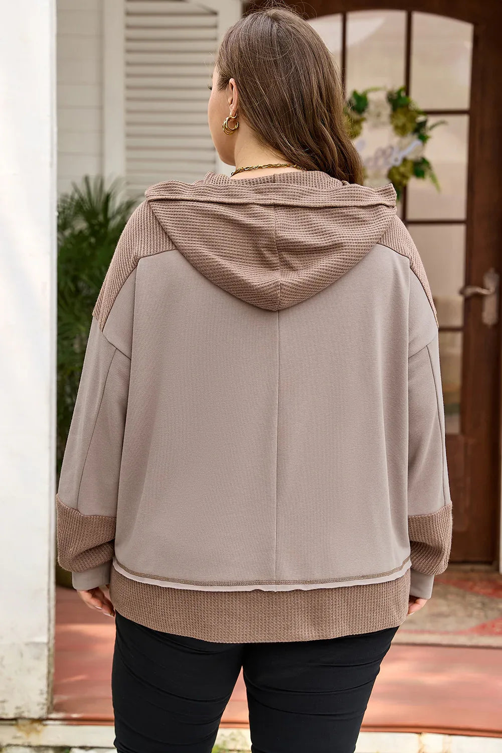 Goat Waffle Contrast Patchwork Plus Size Pocketed Hoodie - MarkoFit