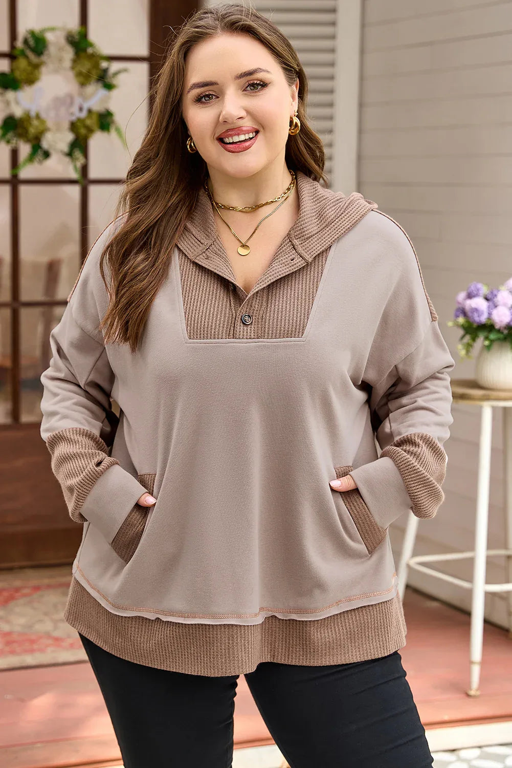 Goat Waffle Contrast Patchwork Plus Size Pocketed Hoodie - MarkoFit