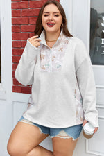 Gray Camo Leaves Patchwork Zipped Collar Pullover Plus Size Sweatshirt - MarkoFit