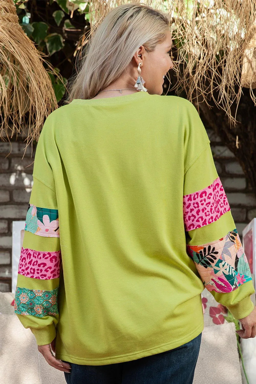 Green Plus Size Printed Patchwork Sleeve Split Sweatshirt - MarkoFit