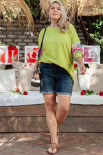 Green Plus Size Printed Patchwork Sleeve Split Sweatshirt - MarkoFit