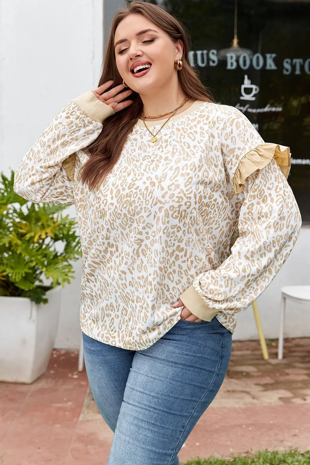 Khaki Plus Size Ruffled Arm Leopard Sweatshirt - MarkoFit