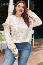 Khaki Plus Size Ruffled Arm Leopard Sweatshirt - MarkoFit