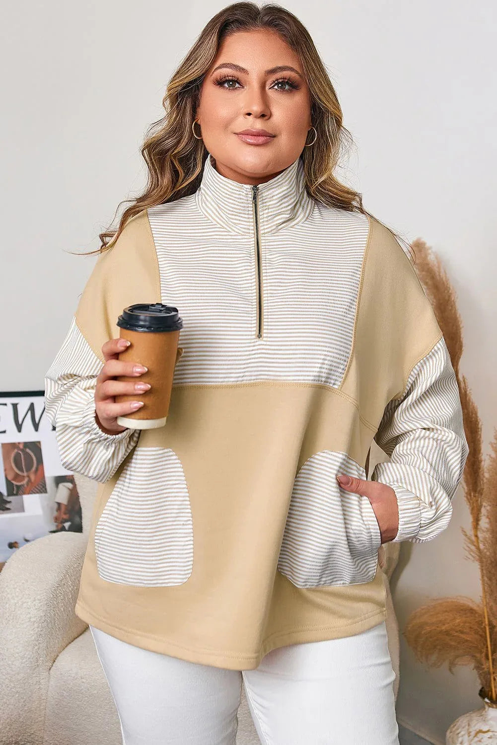 Khaki Stripe Mix Half Zip French Terry Plus Size Sweatshirt - MarkoFit