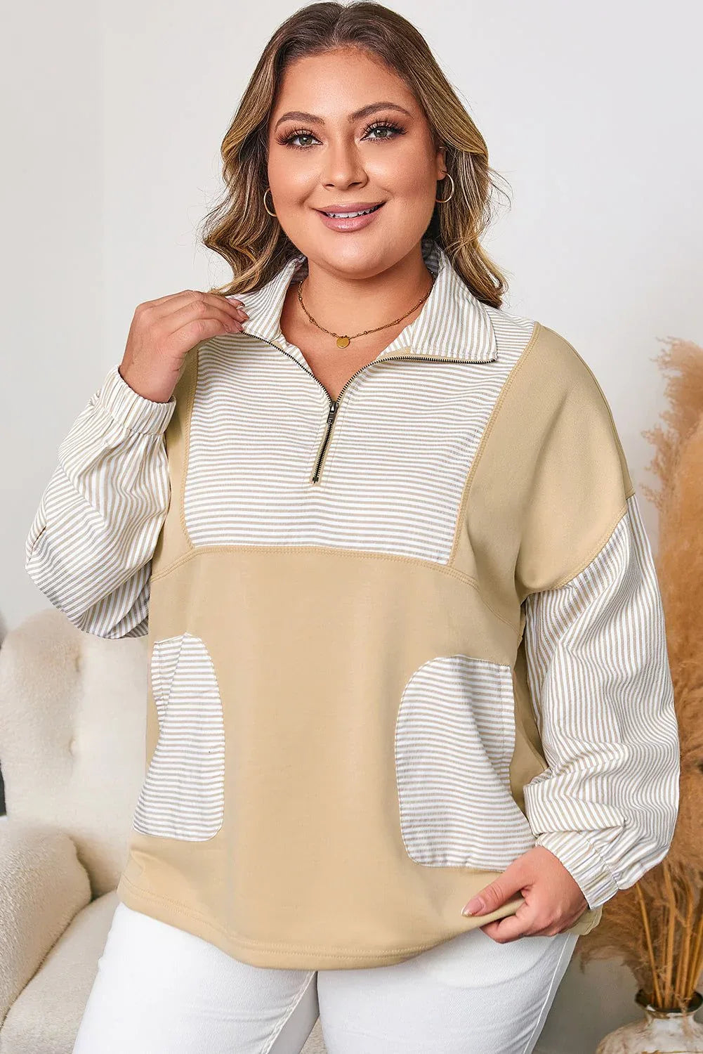 Khaki Stripe Mix Half Zip French Terry Plus Size Sweatshirt - MarkoFit