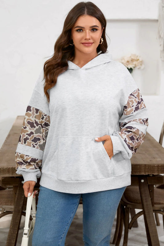 Light Grey Camouflage Patchwork Asymmetric Sleeve Plus Size Hoodie - MarkoFit