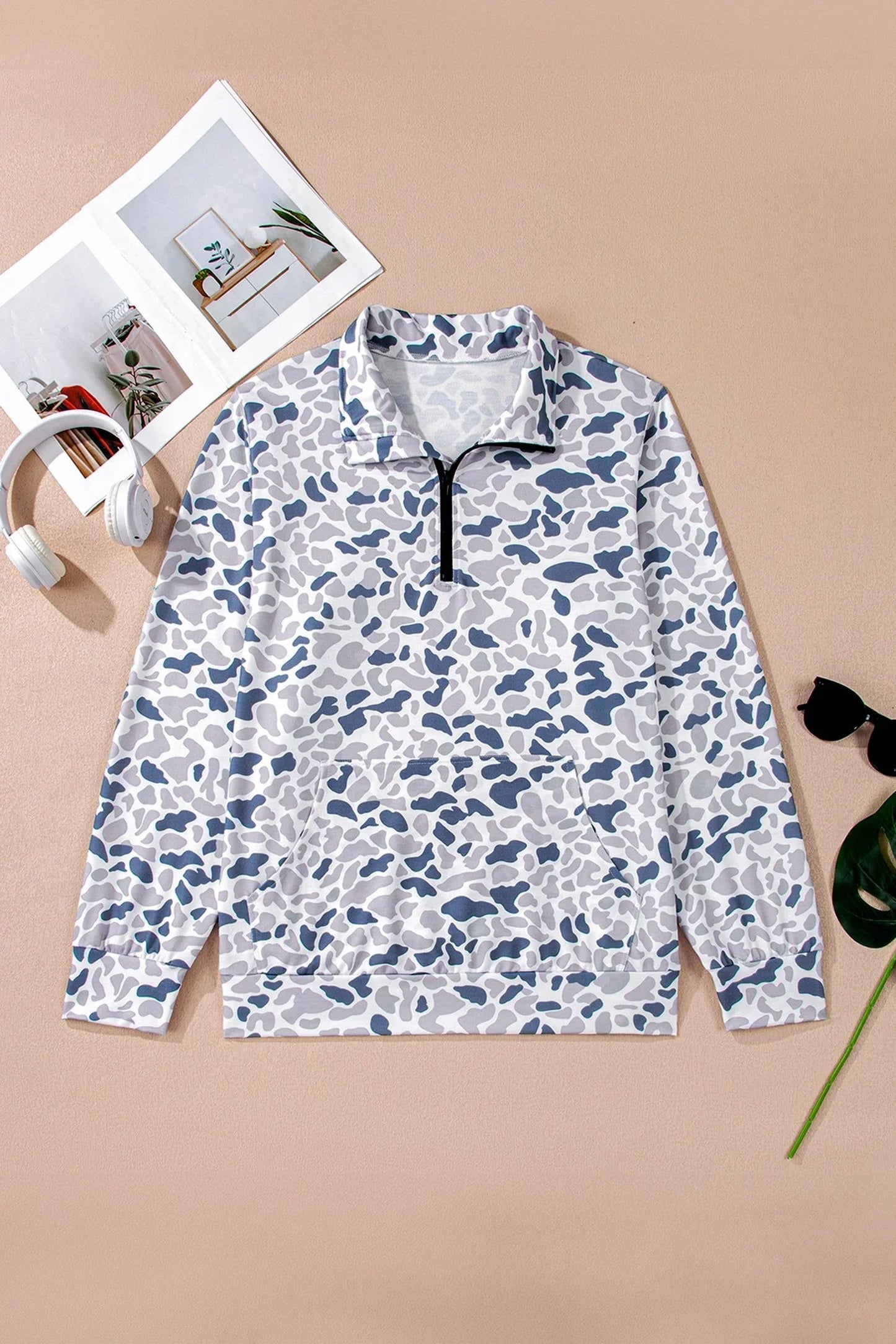 Multicolour Plus Camouflage Print Quarter Zip Kangaroo Pocket Pullover Sweatshirt - MarkoFit