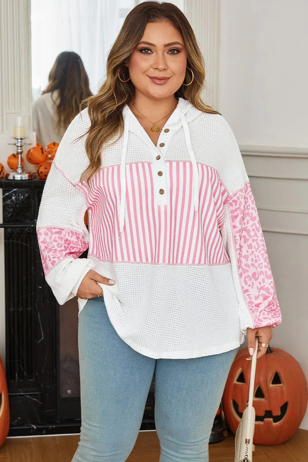 Pink Stripe Leopard Patchwork Waffle Knit Buttoned Plus Size Hoodie - MarkoFit