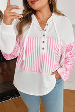 Pink Stripe Leopard Patchwork Waffle Knit Buttoned Plus Size Hoodie - MarkoFit