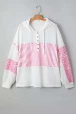 Pink Stripe Leopard Patchwork Waffle Knit Buttoned Plus Size Hoodie - MarkoFit