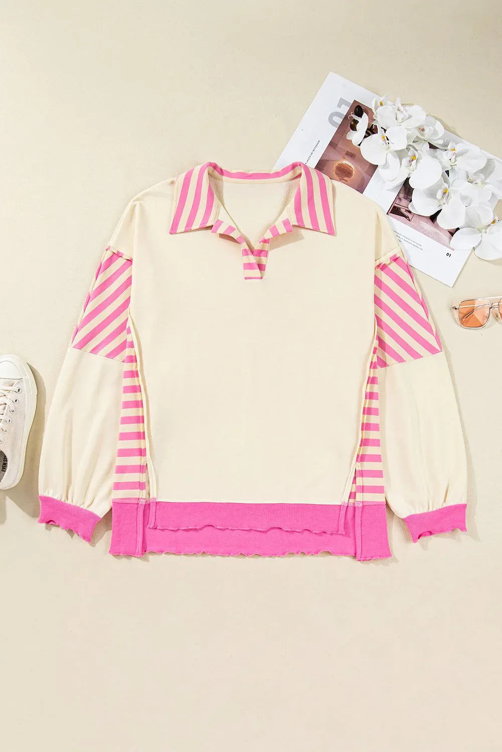 Pink Stripe Contrast Polo Collar Drop Shoulder Patchwork Plus Size Pullover - MarkoFit