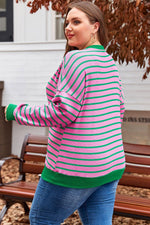 Pink Stripe Waffle Knit Crew Neck Plus Size Sweatshirt - MarkoFit