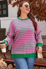 Pink Stripe Waffle Knit Crew Neck Plus Size Sweatshirt - MarkoFit