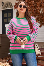 Pink Stripe Waffle Knit Crew Neck Plus Size Sweatshirt - MarkoFit