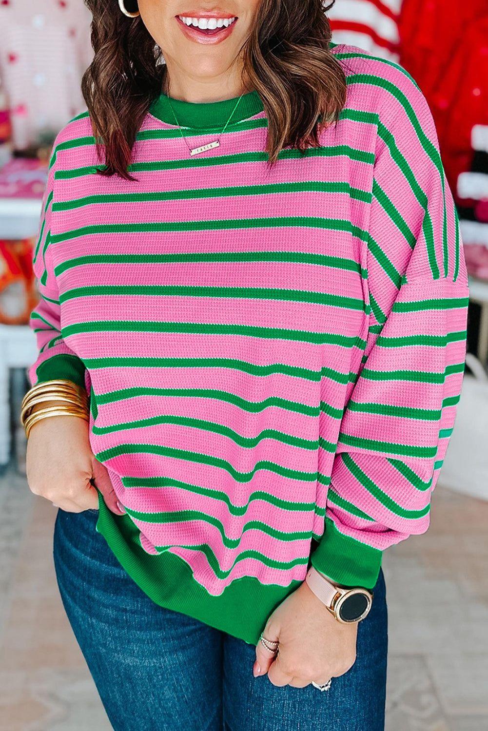 Pink Stripe Waffle Knit Crew Neck Plus Size Sweatshirt - MarkoFit