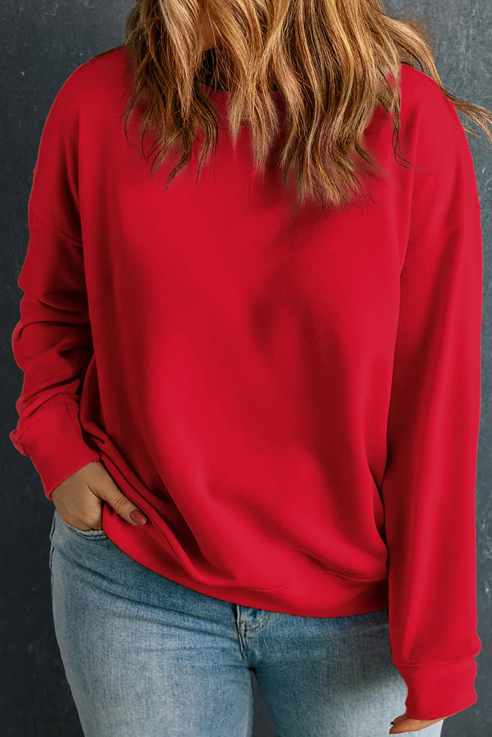 Racing Red Solid Crew Neck Drop Shoulder Plus Size Sweatshirt - MarkoFit
