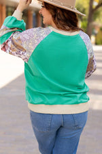 Sky Blue Plus Size Plaid Floral Patchwork Raglan Sleeve Sweatshirt - MarkoFit