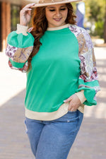 Sky Blue Plus Size Plaid Floral Patchwork Raglan Sleeve Sweatshirt - MarkoFit