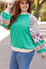 Sky Blue Plus Size Plaid Floral Patchwork Raglan Sleeve Sweatshirt - MarkoFit