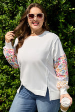 White Plus Size Exposed Seam Detail Contrast Dot Floral Patchwork Sleeve Sweatshirt - MarkoFit