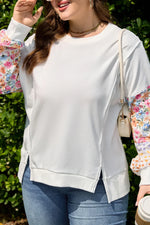 White Plus Size Exposed Seam Detail Contrast Dot Floral Patchwork Sleeve Sweatshirt - MarkoFit