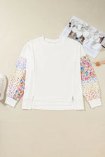 White Plus Size Exposed Seam Detail Contrast Dot Floral Patchwork Sleeve Sweatshirt - MarkoFit