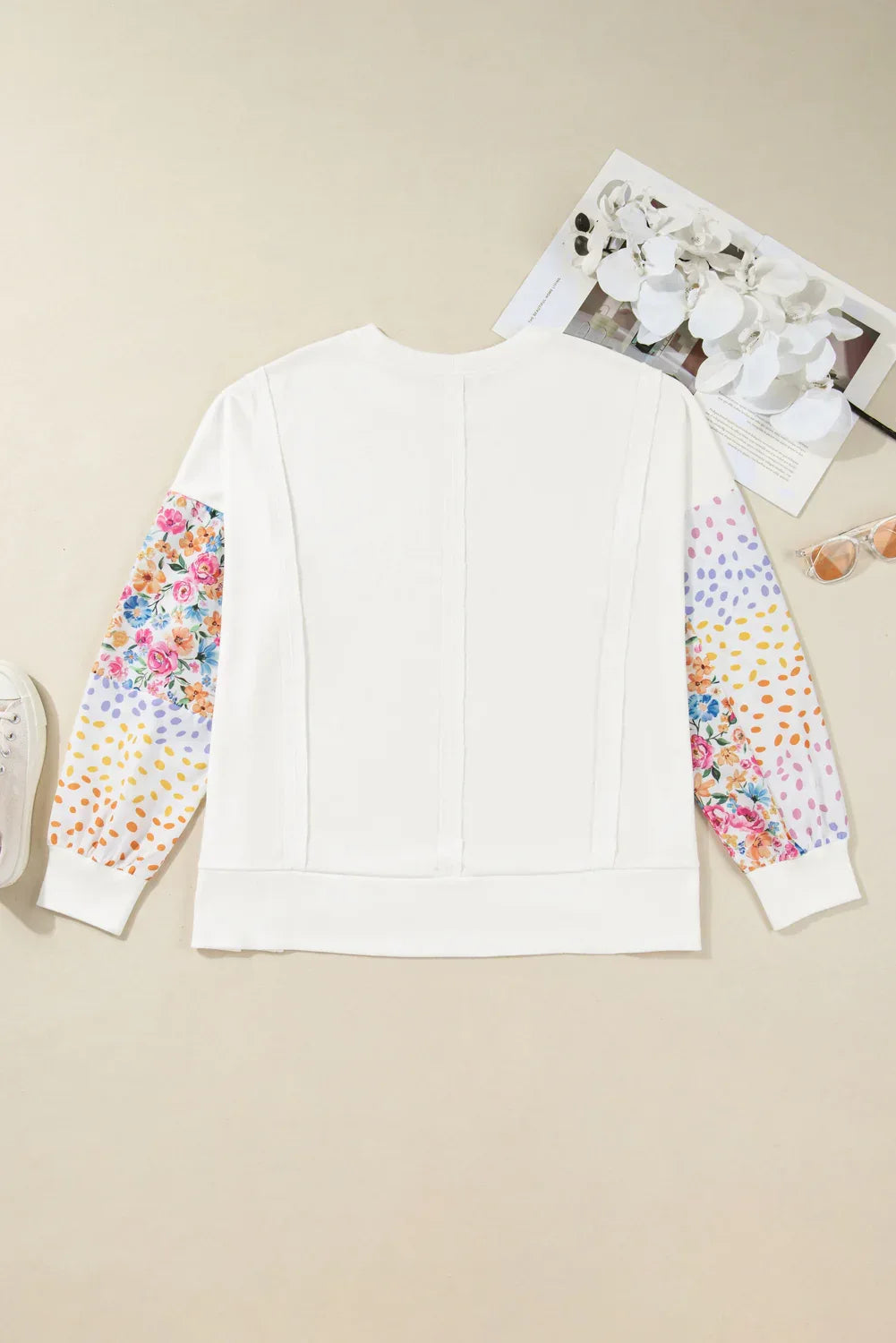White Plus Size Exposed Seam Detail Contrast Dot Floral Patchwork Sleeve Sweatshirt - MarkoFit
