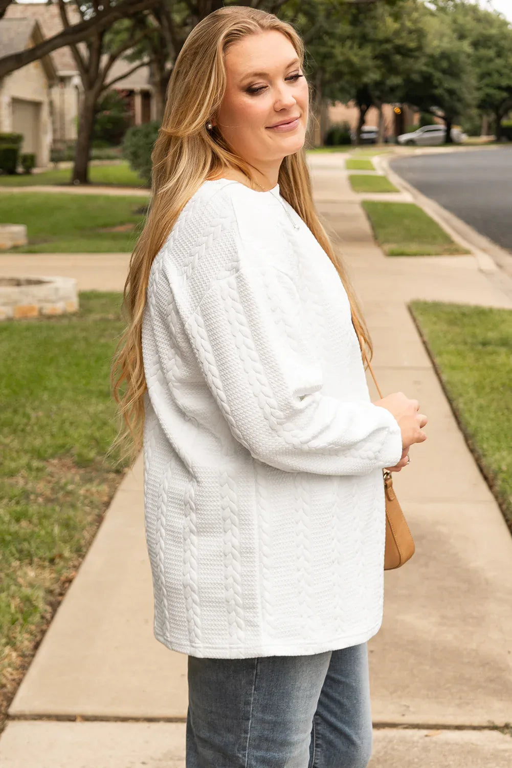 White Cable Textured Loose Plus Size Sweatshirt - MarkoFit