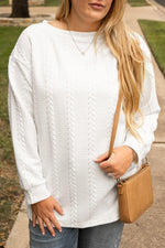 White Cable Textured Loose Plus Size Sweatshirt - MarkoFit