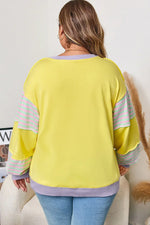 Yellow Striped Color Block Patchwork Crewneck Plus Size Pullover Sweatshirt - MarkoFit