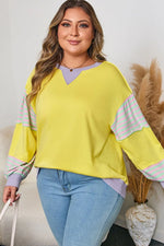 Yellow Striped Color Block Patchwork Crewneck Plus Size Pullover Sweatshirt - MarkoFit